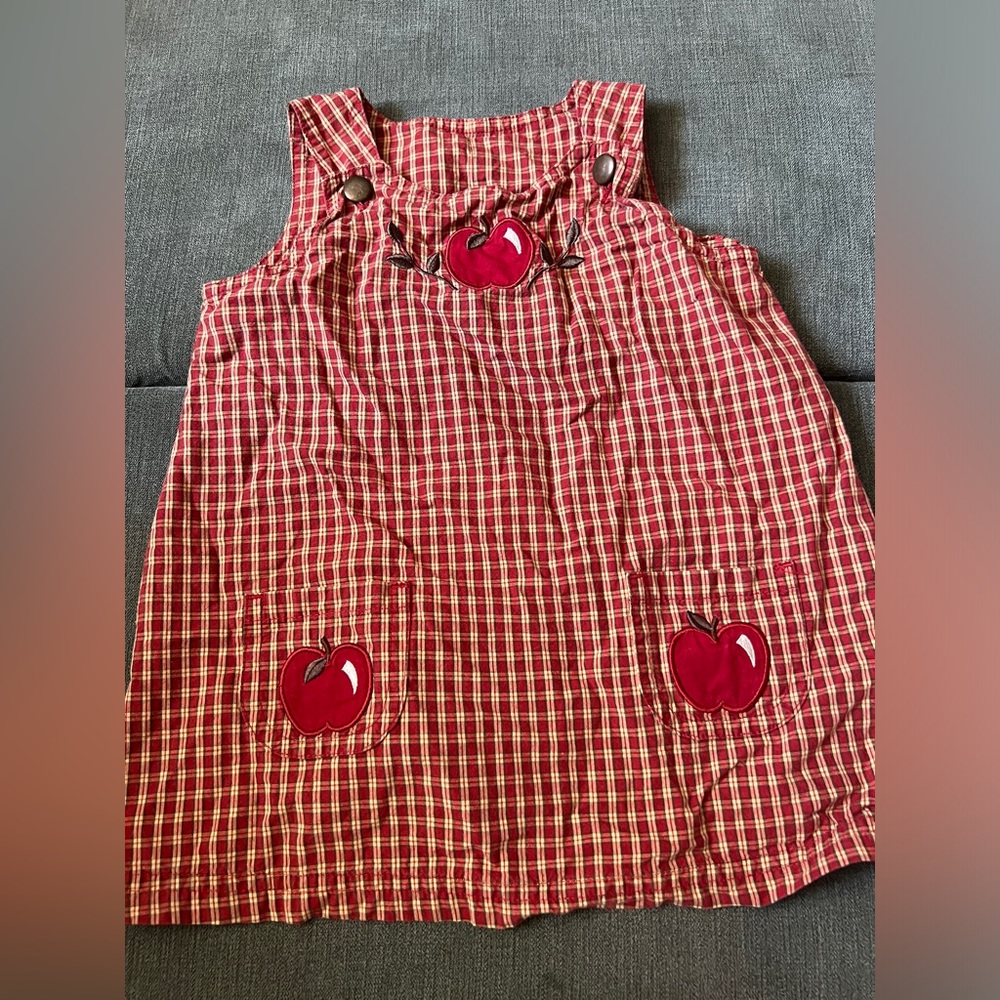 Red Plaid Kids Dress with Apple Appliqué